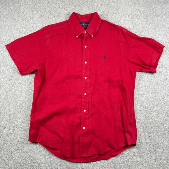 Ralph Lauren Button Down Shirt Mens L Red 100% Linen Custom Fit Short Sleeve - Picture 2 of 6